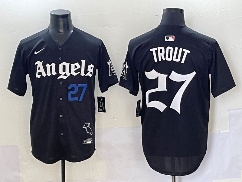 Men 2025 Los Angeles Angels #27 Trout Black Five generations Joint Name Nike MLB Jersey style 6
